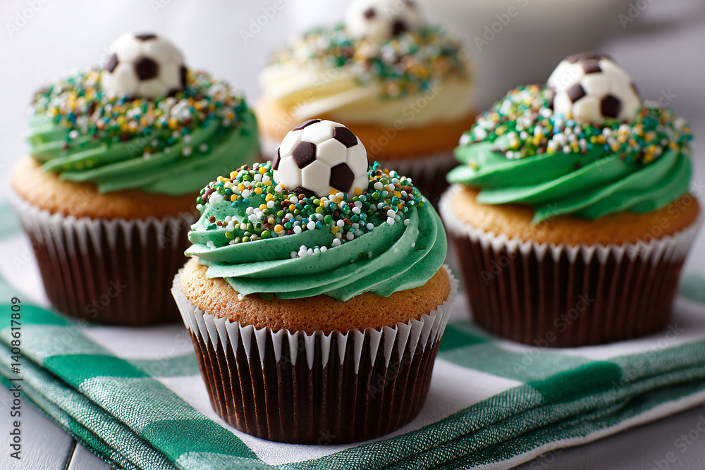 Championship match cupcakes adorned with precision-crafted soccer ball white chocolate toppers on grass-green frosting with team-colored sprinkles Championship match cupcakes adorned with precision-crafted soccer ball white chocolate toppers on grass-green frosting with team-colored sprinkles