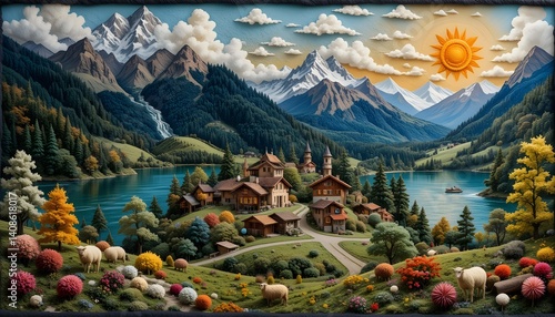 Alpine village by a serene lake,  mountainous landscape with charming houses and sheep