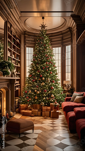 Elegant Christmas tree in a grand library