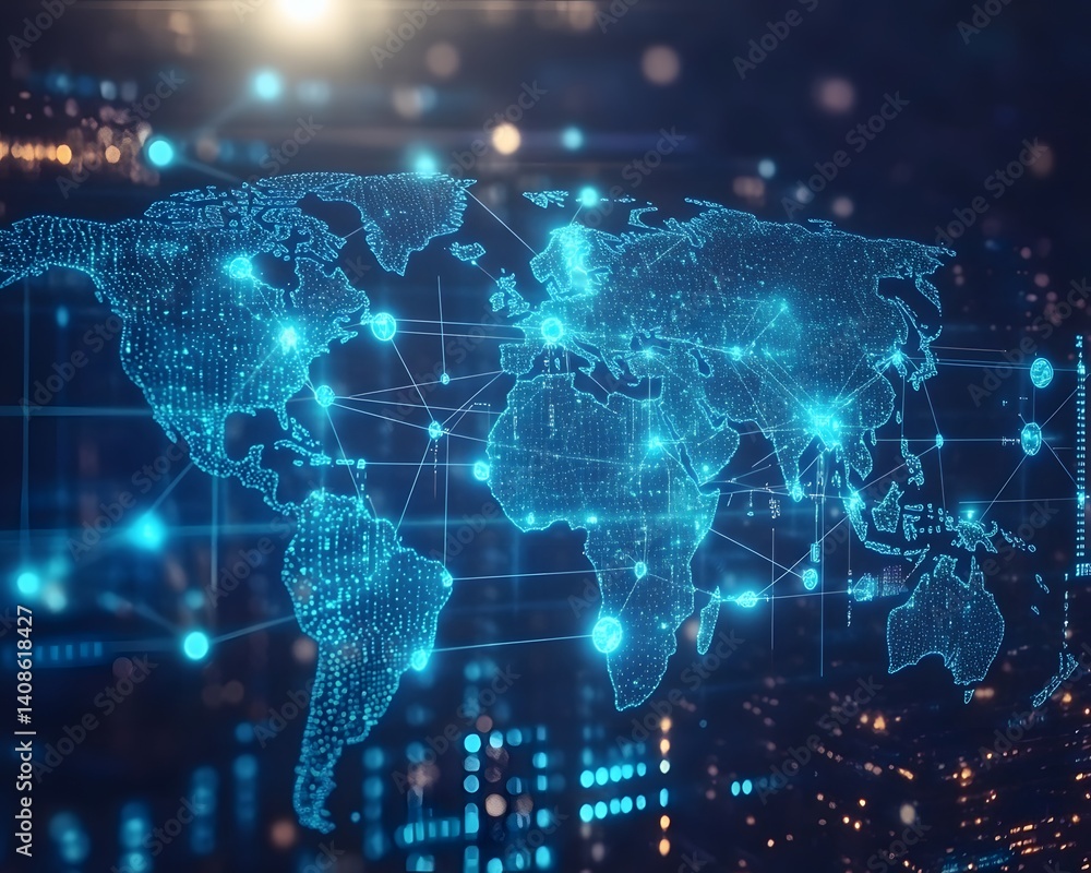 glowing blue holographic world map projection with interconnected nodes representing global business networks and digital communication glowing blue holographic world map projection with interconnected nodes representing global business networks and digital communication