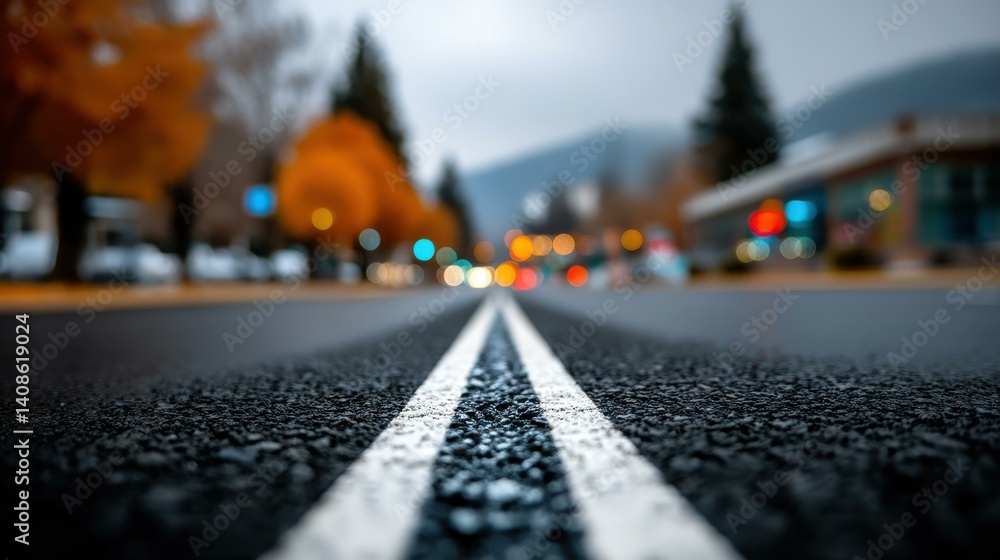 Obraz premium A sleek black asphalt road stretches ahead, marked by crisp white dividing lines on a clear day.