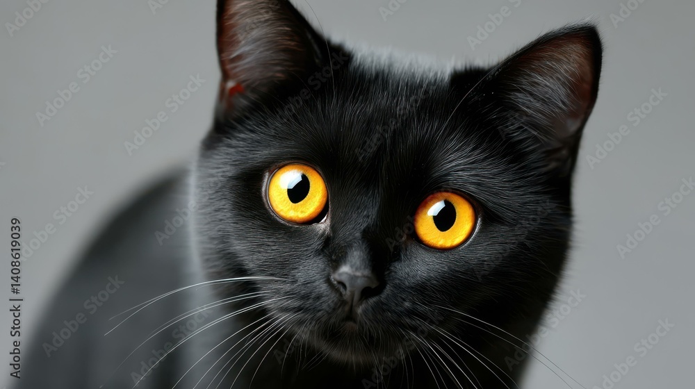 A stylish black cat dressed in a sleek black suit poses confidently against a soft gray backdrop. Perfect for a chic design A stylish black cat dressed in a sleek black suit poses confidently against a soft gray backdrop. Perfect for a chic design
