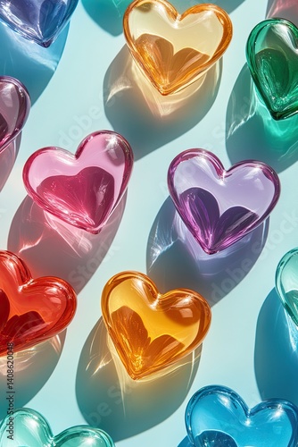 Glass multi colored hearts on light blue background, romantic card