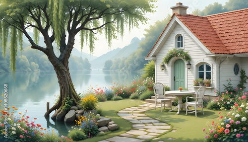 Lakeside cottage with a serene atmosphere