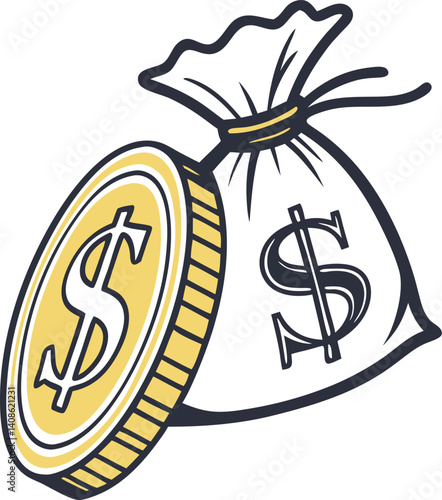 Vector Illustration of a Money Bag and Gold Coin with Dollar Signs