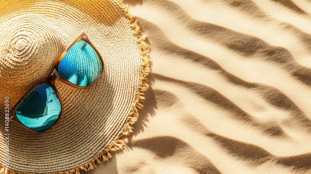 Naklejka premium A straw sun hat and sunglasses resting on the beach sand.