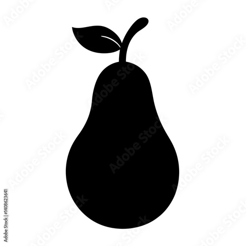 A simple black silhouette of a pear with a leaf on a white background