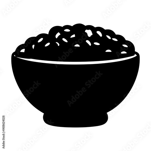 A black silhouette of a bowl filled with a generous portion of lentils or similar legumes