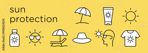 sun protection icons set Flat vector icon set on yellow background showing various sun protection items including sunscreen bottles, sun umbrellas, sun hats, UV protective clothing, sunglasses