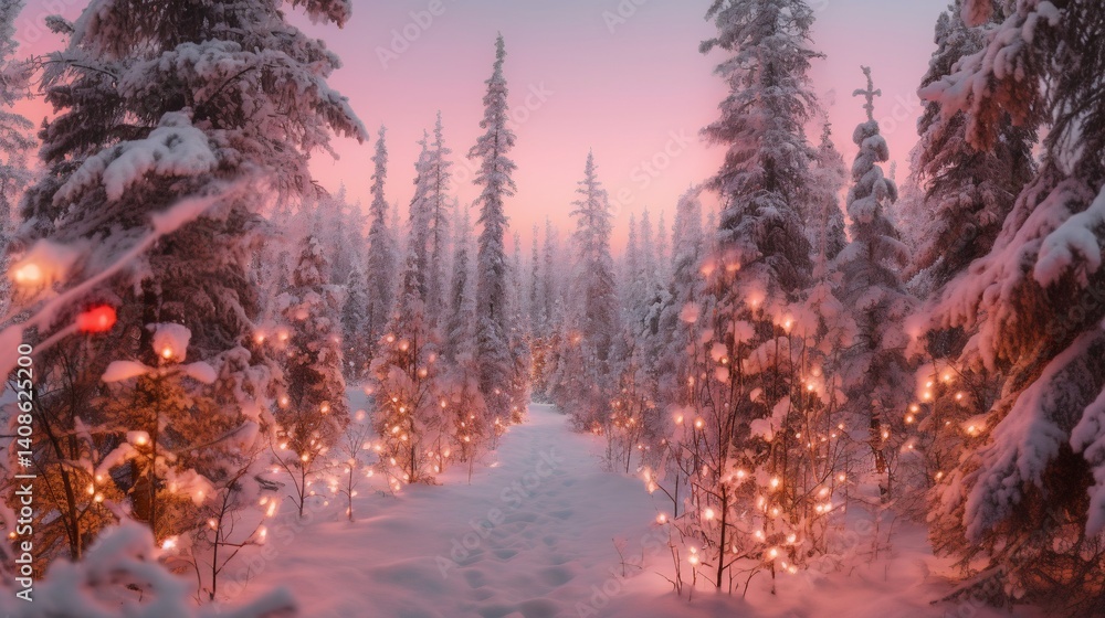 Enchanting Winter Wonderland, Snow-Covered Trees Aglow with Festive Lights Enchanting Winter Wonderland, Snow-Covered Trees Aglow with Festive Lights