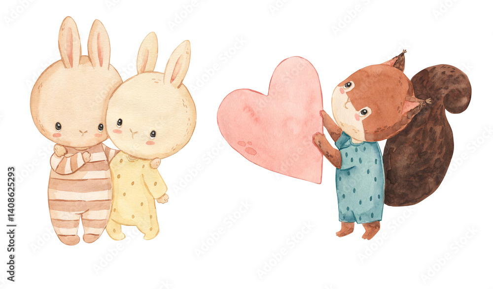 Fototapeta premium Watercolor squirrel with heart, bunny hug illustration for kids