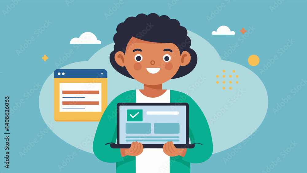 A student holds up their Chromebook showing off their customdesigned website that they created using coding lessons.. Vector illustration A student holds up their Chromebook showing off their customdesigned website that they created using coding lessons.. Vector illustration