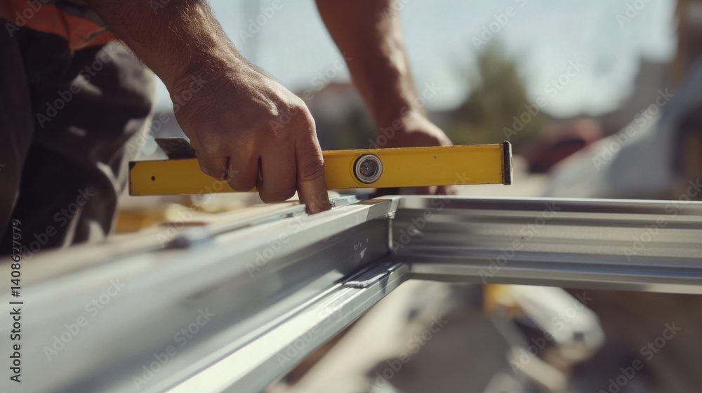 A construction worker using a level to align a metal frame. Featuring accuracy and technique A construction worker using a level to align a metal frame. Featuring accuracy and technique