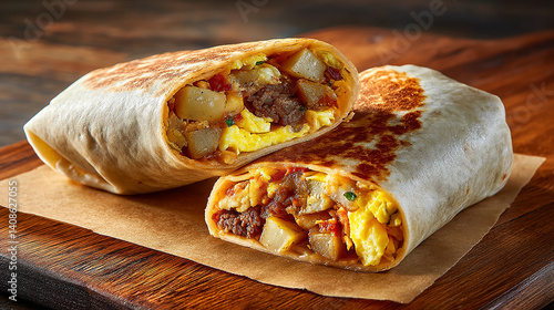 Breakfast burrito cut open, filled with eggs and potatoes