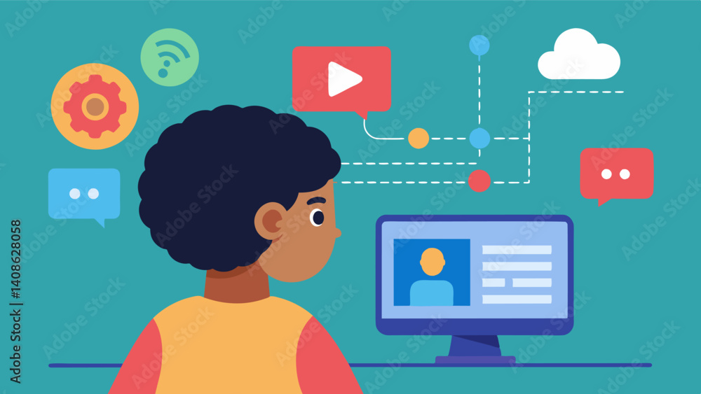A child watching a YouTube video about machine learning trying to wrap their head around the complex algorithms and processes involved.. Vector illustration