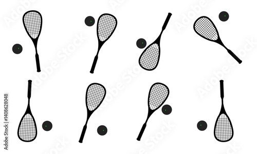 Black and white Squash Rackets and Balls Vector Set