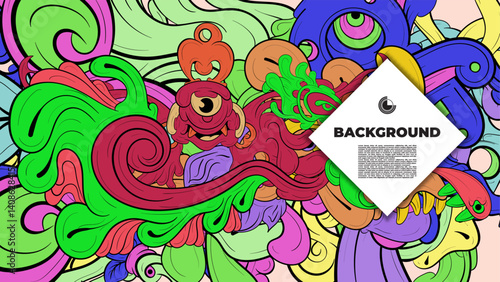 Playful Cartoon Monster Character with Tentacles, Eyes, Feathers, and Leaves – Fun Fantasy Wallpaper Design