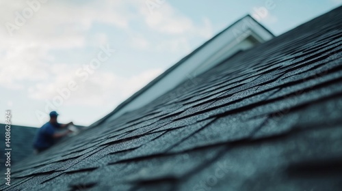 Roof installer securing shingles on a steep roof. Featuring craftsmanship and safety