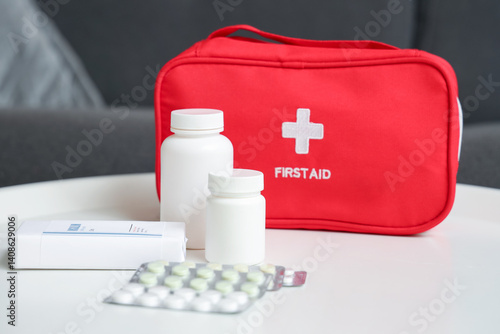 First aid kit with pills an...