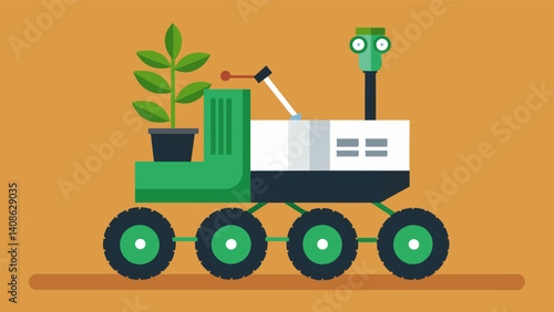 Highly adaptable this robotic planter can be controlled remotely and is perfect for use in steep or hardtoreach areas of the farm.. Vector illustration
