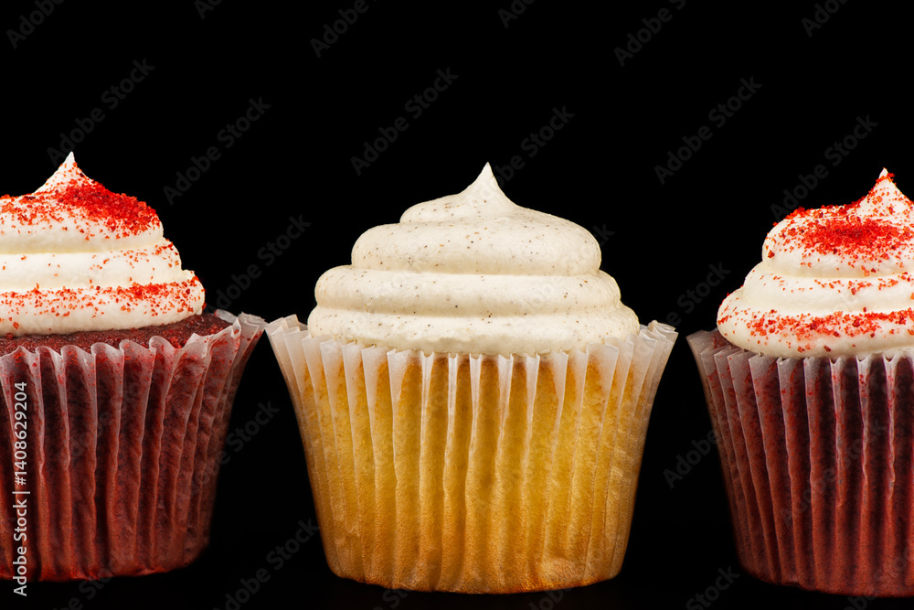 Close-up of three gourmet cupcakes with swirled frosting, including vanilla and red velvet, set against a black background.