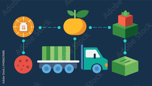 Blockchain being used to improve efficiency and reduce waste in the transportation and distribution of fresh produce.. Vector illustration