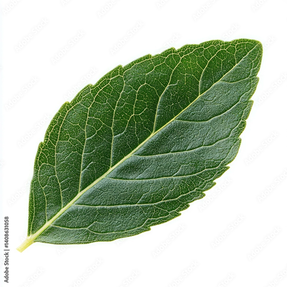 Close-up of a vibrant green leaf, showcasing its intricate veins and texture against a clean white background. A perfect image for nature, botanical, and health-related projects. Close-up of a vibrant green leaf, showcasing its intricate veins and texture against a clean white background. A perfect image for nature, botanical, and health-related projects.