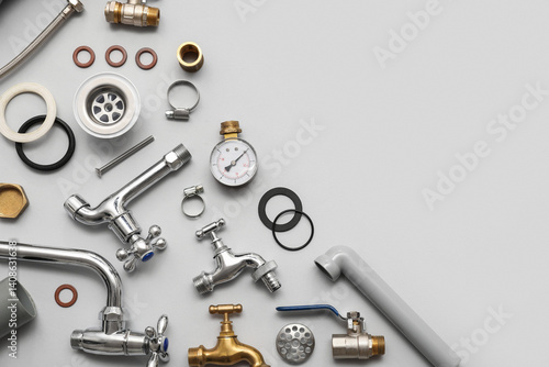 Set of plumber's items on g...