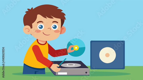 A child using a screwdriver to open up a CDDVD drive excited to see what mechanism allows discs to be read and played.. Vector illustration
