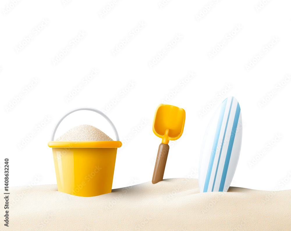 Vibrant summer beach scene with bucket, shovel, and surfboard on isolated transparent background