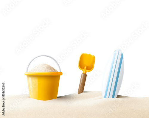 Obraz na płótnie Vibrant summer beach scene with bucket, shovel, and surfboard on isolated transparent background w salonie