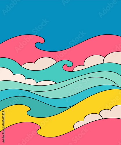 Vibrant illustration of wavy patterns in blue, pink, yellow, and teal colors, evoking a playful and energetic mood, perfect for creative designs, backgrounds, or modern graphic art