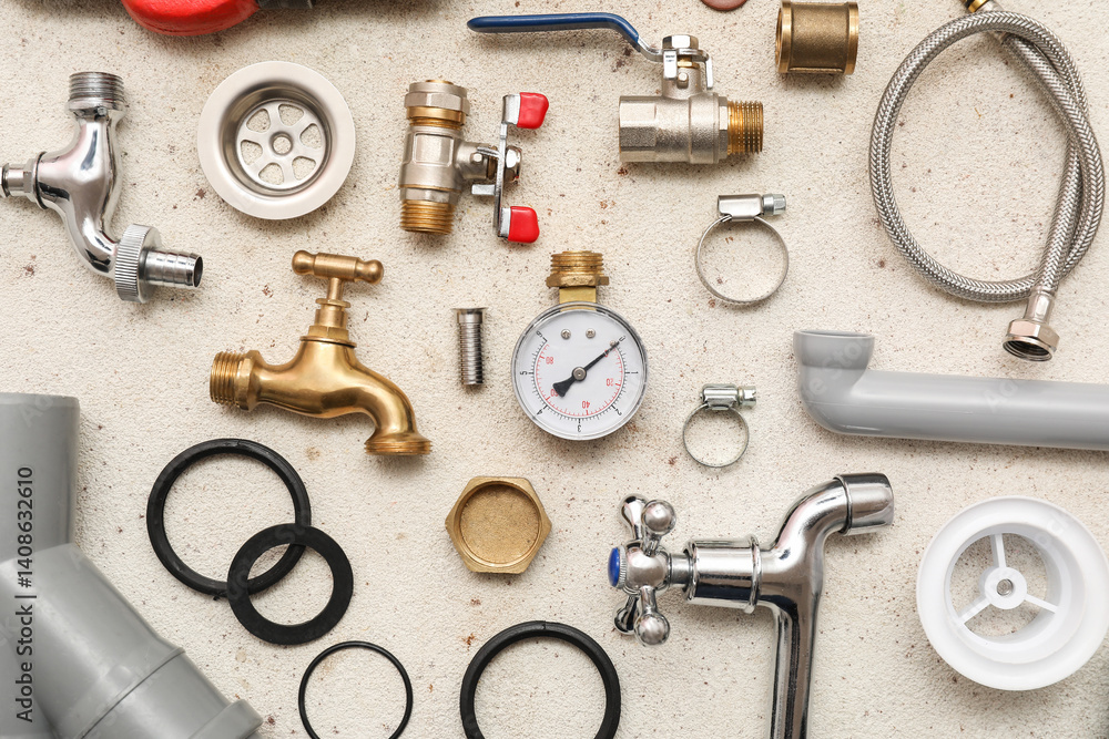 Fototapeta premium Set of plumber's items on white grunge background