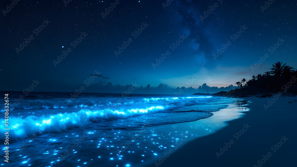 Naklejka premium Starry Night Beach with Bioluminescent Waves