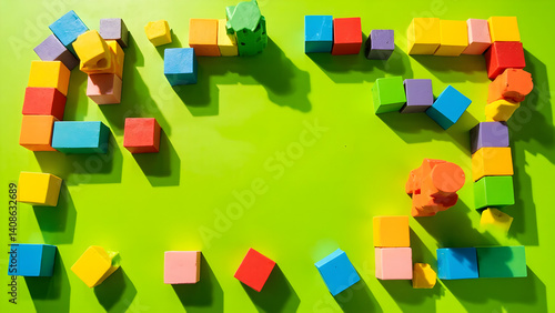 Colorful Building Blocks on Green Background