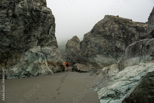 Obraz na płótnie Hiker Walks Through The Exposed Rocks at Low Tide On The Coastal Trail In Redwood w salonie