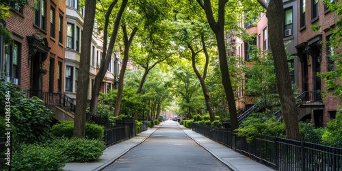 A tree lined street with houses on either side