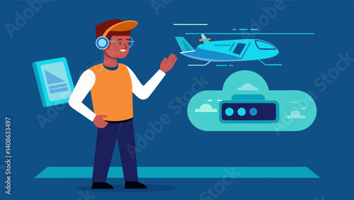 A student ordering an air taxi via a holographic panel on their smarch seamlessly integrating technology into their daily routine.. Vector illustration