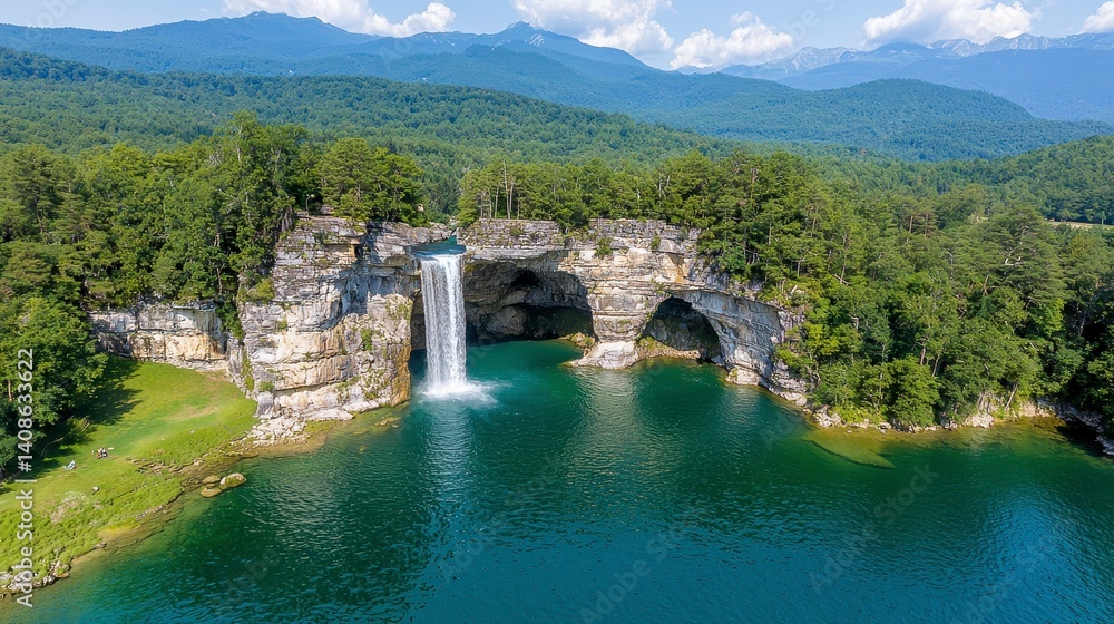 Naklejka premium Serene Waterfall Cascading into Turquoise Lake, Aerial View