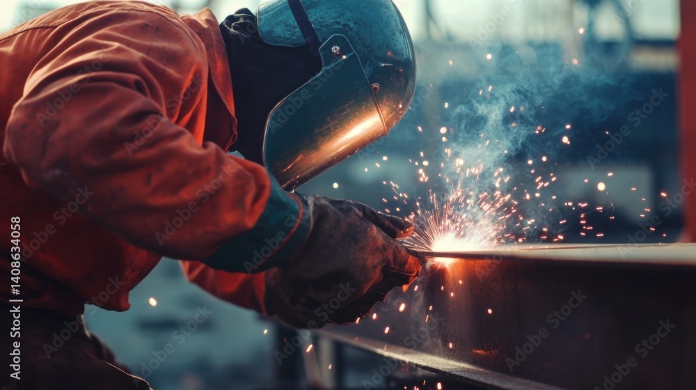 A construction worker welding a metal joint at a worksite. Featuring skill and technique A construction worker welding a metal joint at a worksite. Featuring skill and technique