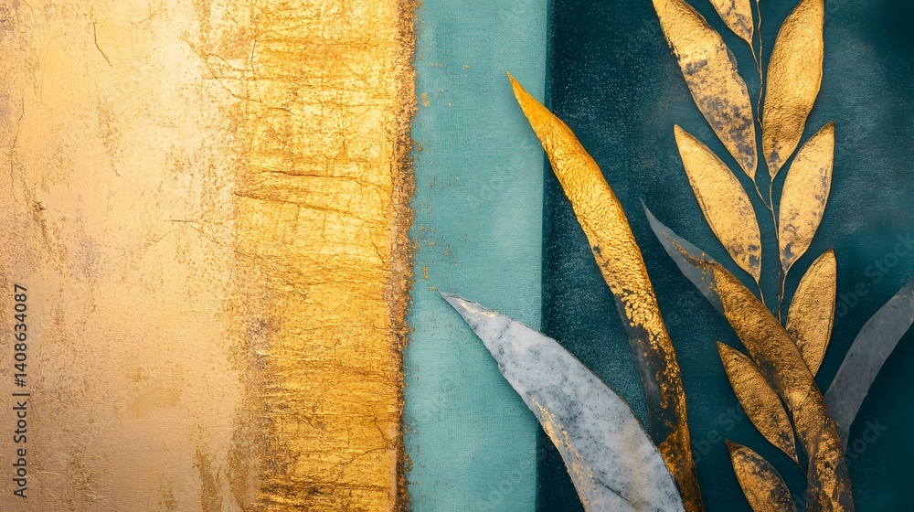 Naklejka premium Abstract Gold Leaf Teal Art Print, Luxury Decor