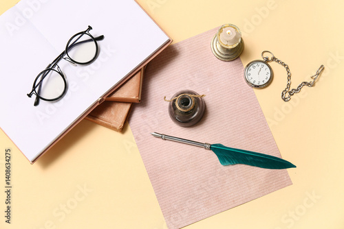 Old paper sheet with books,...
