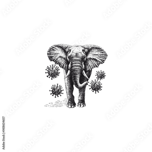 elephant standing surrounded by viruses flying around it design vector template illustration