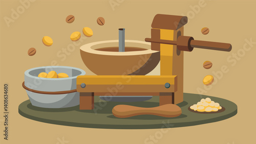 An oldfashioned stone mill slowly grinding roasted peanuts and cane sugar creating a rich and nutty flavor for their horchata concentrate.. Vector illustration
