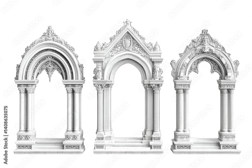 3D Rendered White Ornate Archways Isolated on Transparent Background 3D Rendered White Ornate Archways Isolated on Transparent Background