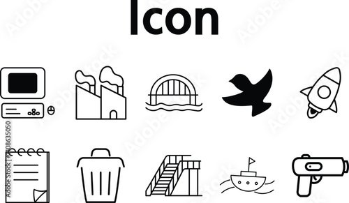 Black and white line icon set for office, city, and travel-themed design projects