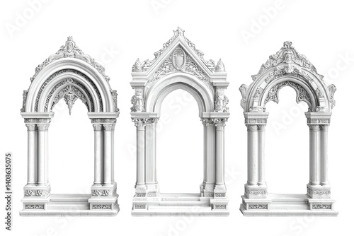 3D Rendered White Ornate Archways Isolated on Transparent Background