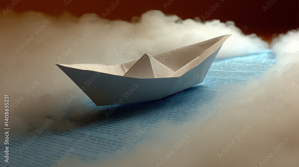 Obraz premium Delicate paper boat floating above soft clouds symbolizing imagination and innovation in a dreamlike environment