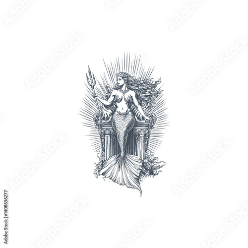 Mermaid queen sits on the throne design vector template illustration