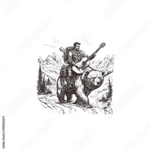 Man with guitar riding mighty bear design vector template illustration